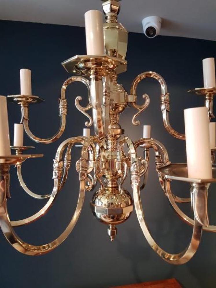 Stylish Edwardian Antique Brass Two Tier Chandelier - Image 5