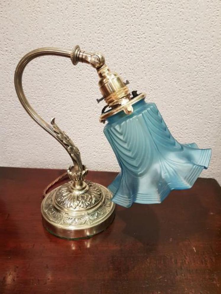 Antique Edwardian Cast Brass Table Lamp and Shade - Image 1