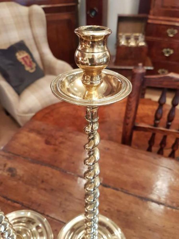 Large Pair Of Antique Brass Barley Twist Candlesticks  - Image 2