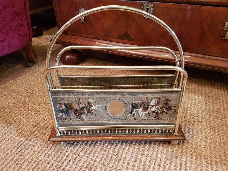 Victorian Brass Magazine Rack with Engraved Decorative Panels