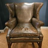 Antique Upholstery Chairs Edwardian Olive Green Leather Wing Back Armchair