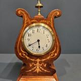 Antique Edwardian Mahogany Inlaid Curled Top Mantel Clock