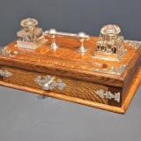 Antique Victorian Oak and Silver Plated Pen & Ink Stand