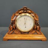 Antique Victorian Carved Oak Table Top Barometer with Crescent Thermometer at Sturmans Antiques barometers for sale