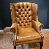 Antique Button Back Leather Wing Arm Chair at Sturmans Antiques chair for sale