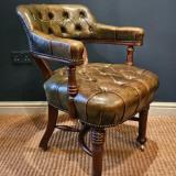 Antique Victorian Deep Button Green Leather Desk Chair at Sturmans Antiques furniture for sale
