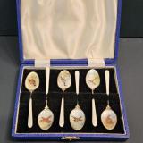 Antique Set of Six Silver Gilt Enamel Game Birds Coffee Spoons at Sturmans Antiques silver for sale