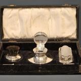 Antique Silver 3 Piece Ink Well Nib Brush and Stamp Moistener Set by Henry Matthews of Birmingham at Sturmans Antiques silver for sale