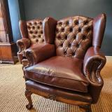 Antique Pair of Carved Walnut Framed Leather Wing Back Arm Chairs at Sturmans Antiques furniture for sale