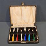 Antique Set of 6 Silver and Enamel Hors D'oeuvre Forks at Sturmans Antiques silver for sale