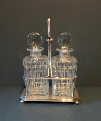 Antique Victorian Silver Plated Two Bottle Decanter Stand Cut Crystal Decanters at Sturmans Antiques tantaluses for sale
