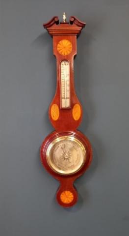 Antique Edwardian Mahogany Sheraton Inlaid Banjo Barometer