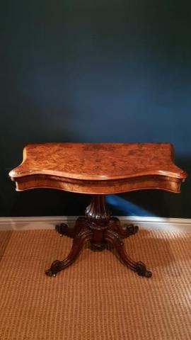 Antique Victorian Burr Walnut Fold Over Gaming Table