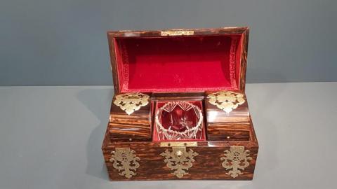 Antique Victorian Tea Caddy Coromandel with brass trim at Sturmans Antiques boxes for sale