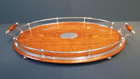 Antique Victorian Oak and Silver Plate Tray 