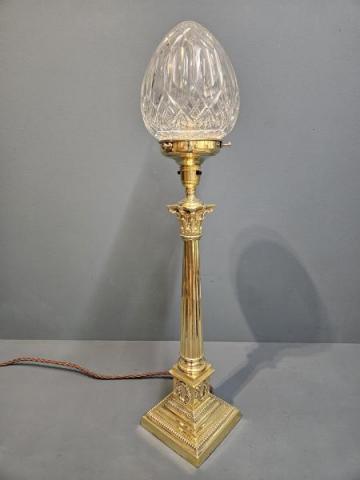 Edwardian Antique Reeded Column Lamp and Crystal Shade