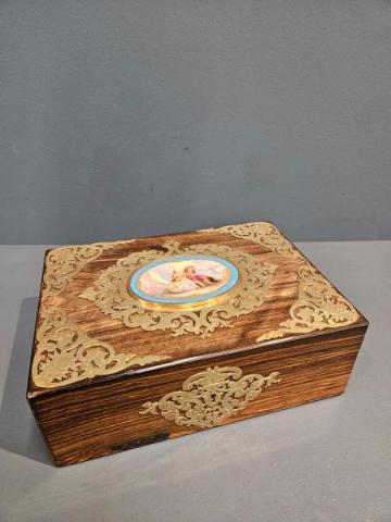 Antique Victorian Coromandel Jewellery Box with brass trim and Limoges porcelain plaque at Sturmans Antiques boxes for sale