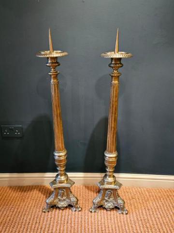 Antique Victorian Pair of Floor Standing Brass Pricket Candlesticks at Sturmans Antiques candlesticks for sale