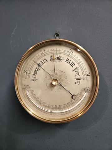 Antique Large Victorian Brass Cased Marine Barometer and Crescent Thermometer