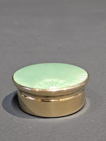 Antique Silver Gilt Peppermint Colour Enamel Top Pill Box by Henry Clifford Davis of Birmingham