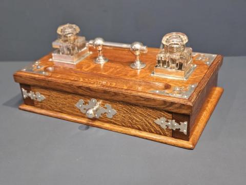Antique Victorian Oak and Silver Plated Pen & Ink Stand