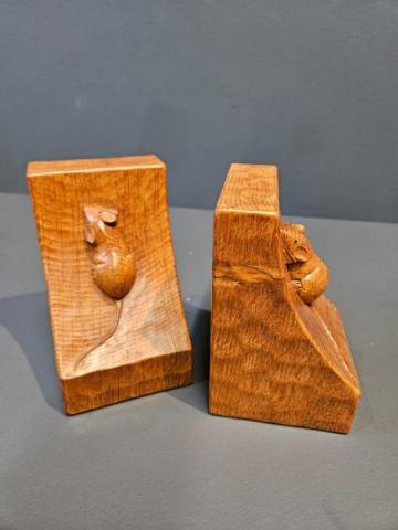 Pair of Old Mouseman Adzed Oak Book Ends at Sturmans Antiques