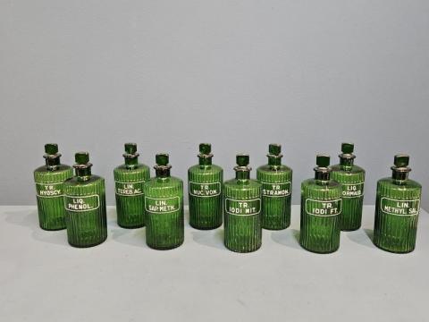 Antique Set of 10 Edwardian Green Glass Apothecary Bottles