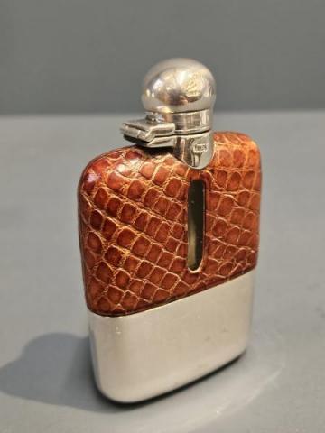 Antique Victorian Silver Plated and Crocodile Skin Hip Flask by Jams Dixon & Sons of Sheffield