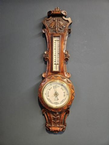 Antique Victorian Carved Oak Banjo Barometer by S Burnham of Manchester