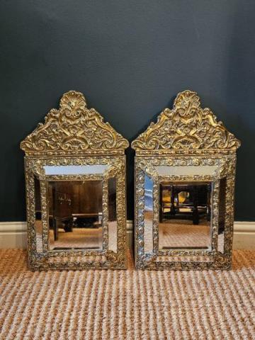 Antique Pair of Victorian Brass Cushion Frame Mirrors