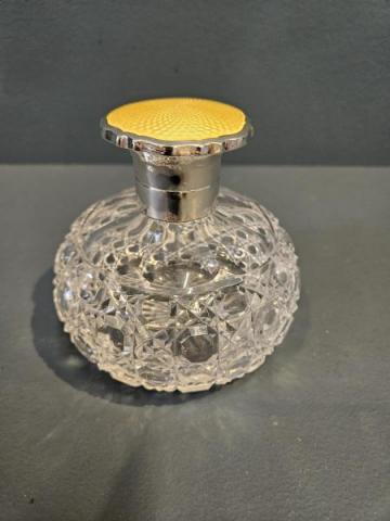Antique Silver and Yellow Engine Turned Enamel Topped Crystal Scent Bottle by William Neale & Son Ltd of Birmingham  