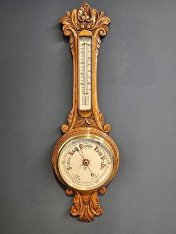 Antique Victorian Carved Oak Banjo Barometer
