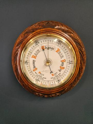 Antique Victorian Carved Leaf and Bow Carved Oak Barometer of G. Sutton & Son, Westminster Rd, Londo
