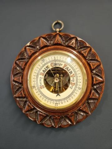 Antique Victorian Carved Walnut Wheel Barometer