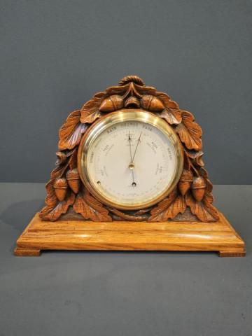 Antique Victorian Carved Oak Table Top Barometer with Crescent Thermometer at Sturmans Antiques barometers for sale 