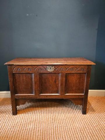 Antique George I Oak Panelled Front Six Plank Coffer at Sturmans Antiques furniture for sale