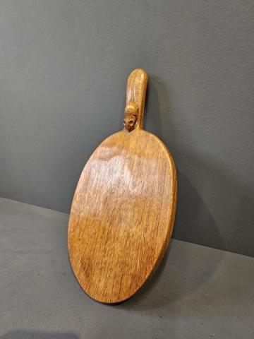 Thompsons of Kilburn Mouseman Adzed Oak Cheese Board at Sturmans Antiques Mouseman for sale 