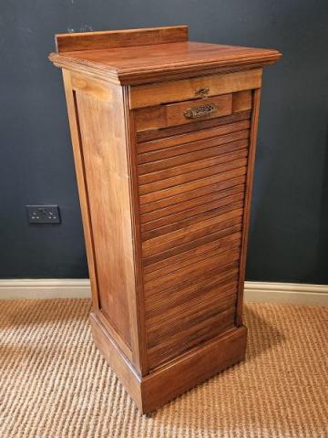 Antique Edwardian Solid Walnut Tambour Front Filing Cabinet at Sturmans Antiques furniture for sale