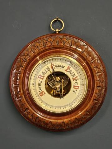 Antique Victorian Turned and Carved Mahogany Case Aneroid Barometer at Sturmans Antiques barometer for sale