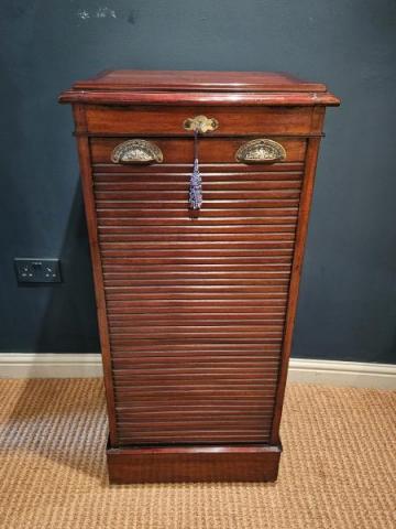 Antique Edwardian Mahogany Tambour Front File Cabinet at Sturmans Antiques furniture for sale