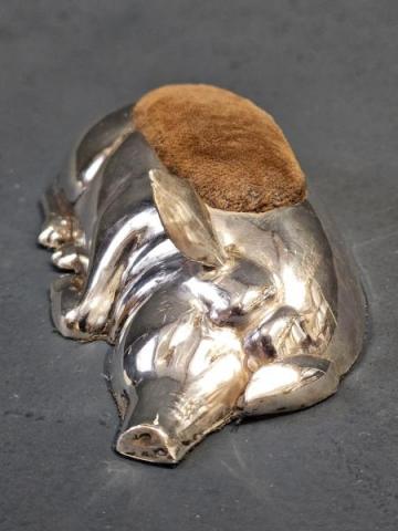 Antique Rare Edwardian Silver Sleeping Pig Pin Cushion at Sturmans Antiques Silver for sale