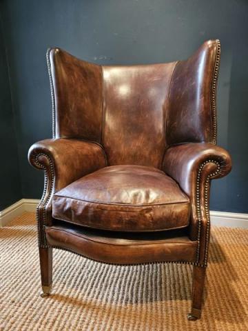 Antique 1930's Brown Leather Wing Back Arm Chair at Sturmans Antiques furniture for sale