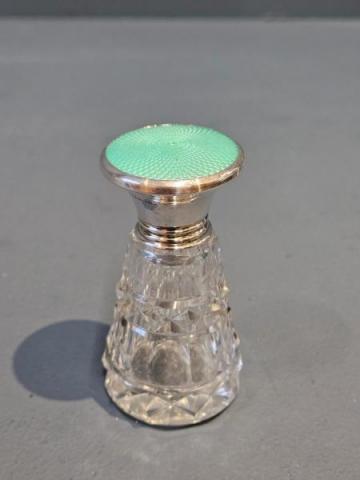 Antique Silver and Mint Green Engine Turned Enamel Topped Scent Bottle at Sturmans Anitques silver for sale