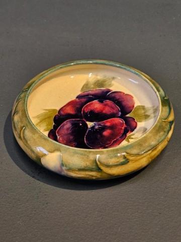 Antique Moorcroft Pansy on White Roll Neck Dish at Sturmans Antiques Moorcroft for sale