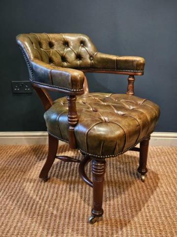 Antique Victorian Deep Button Green Leather Desk Chair at Sturmans Antiques furniture for sale