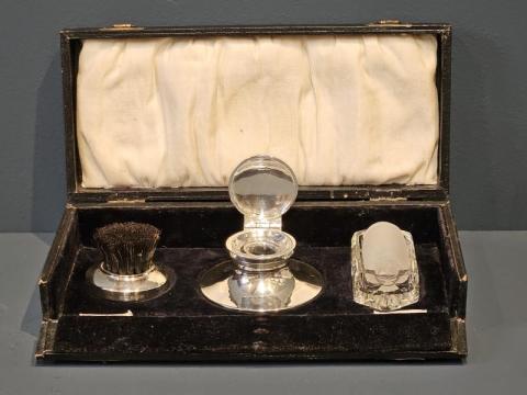 Antique Silver 3 Piece Ink Well Nib Brush and Stamp Moistener Set by Henry Matthews of Birmingham at Sturmans Antiques silver for sale