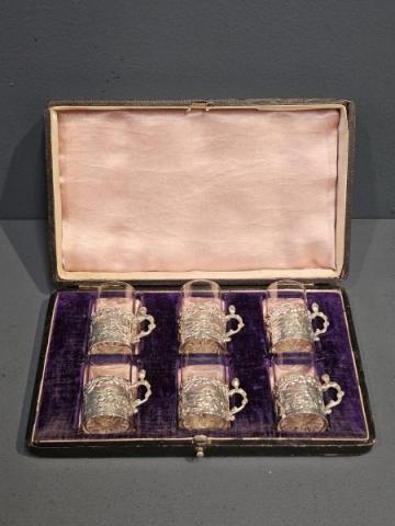 Set of Antique Six Edwardian Silver Mounted Liqueur Glasses at Sturmans Antiques silver for sale 