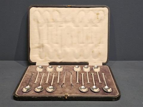 Antique Set of 12 silver Art Deco Spoons and Tongs by G & C of Sheffield at  Sturmans Antiques silver for sale