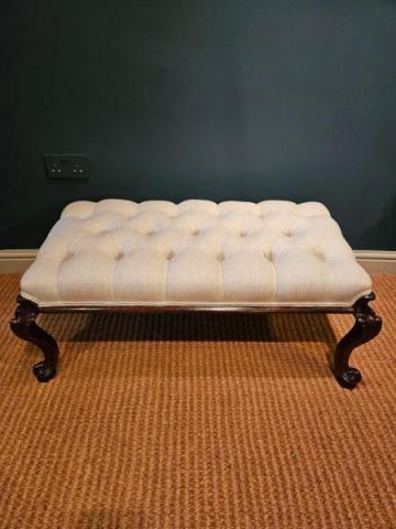 Antique Early Victorian Cabriole Leg Linen Covered Stool at Sturmans Antiques Furniture for sale 