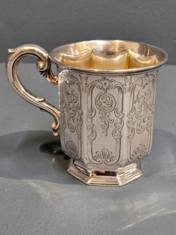 Antique Victorian Engraved Silver 5.5 oz mug by Joseph & Albert Sowray of Birmingham at Sturmans Antiques silver for sale